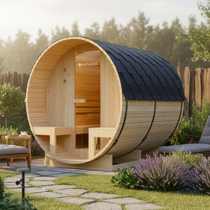 Sauna tonneau extérieur Spitzbergen 220 avec deux bancs 