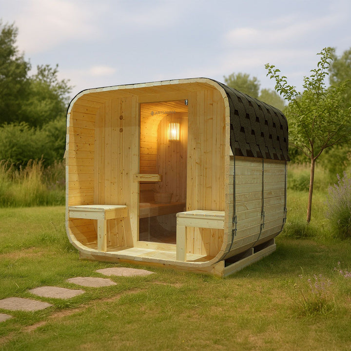 Sauna Nolvik XXL en forme de tonneau carré