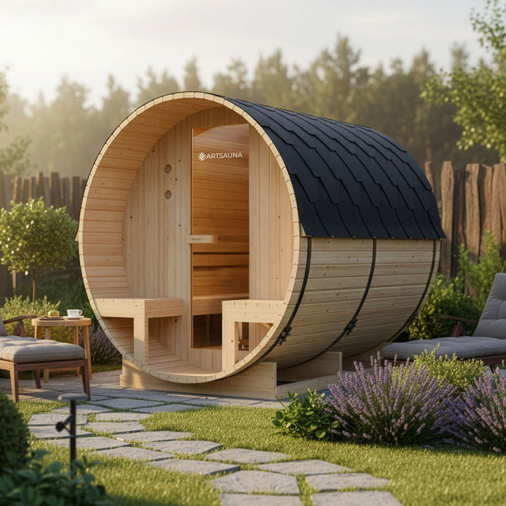 Sauna tonneau extérieur Spitzbergen 220 avec deux bancs 